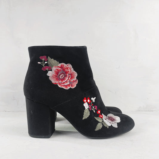 Ladies Black Floral Ankle Boots Size 40